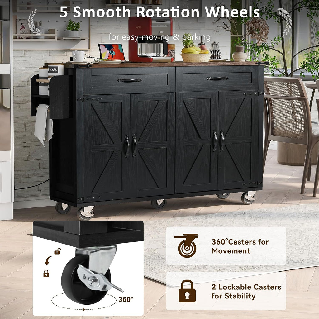 53.5'' Farmhouse Mobile Kitchen Island with Power Outlet, Drop Leaf, Spice Rack and Drawer - Rolling Kitchen Cart with Ample Storage, Rustic Storage Islands Table for Home and Dining Room