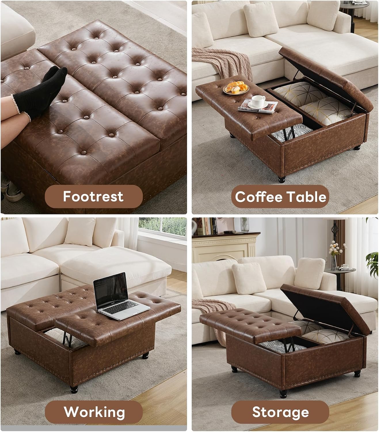 Tbfit Large Square Storage Ottoman Bench, Tufted Upholstered Coffee Table Ottoman with Lift Top & Solid Wood Legs, Oversized Storage Ottomans Toy Box for Living Room (Brown)