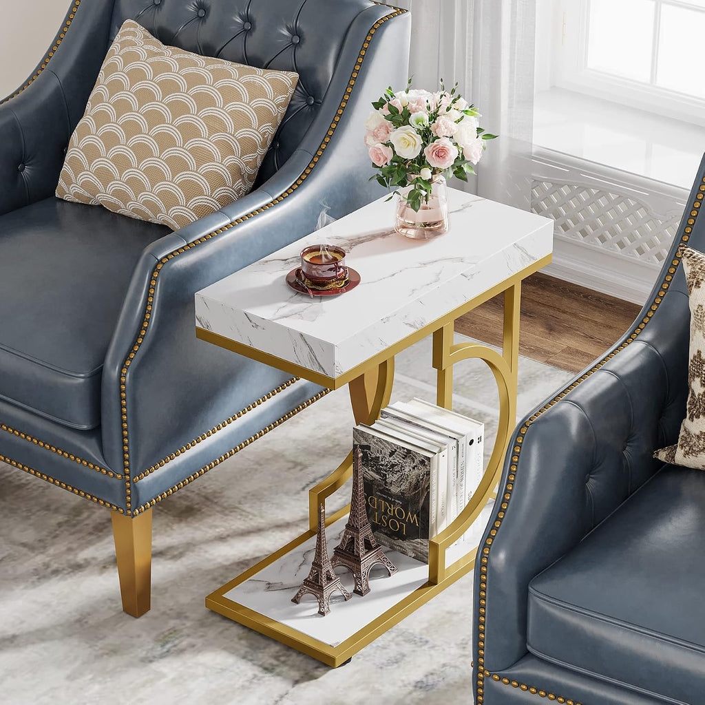 Tribesigns Narrow Side Table Set of 2, C Shaped End Table for Couch, White Gold Modern Bedside Tables with Metal Frame, Small Sofa Tables for Small Spaces, Living Rooms (2, White+Gold)