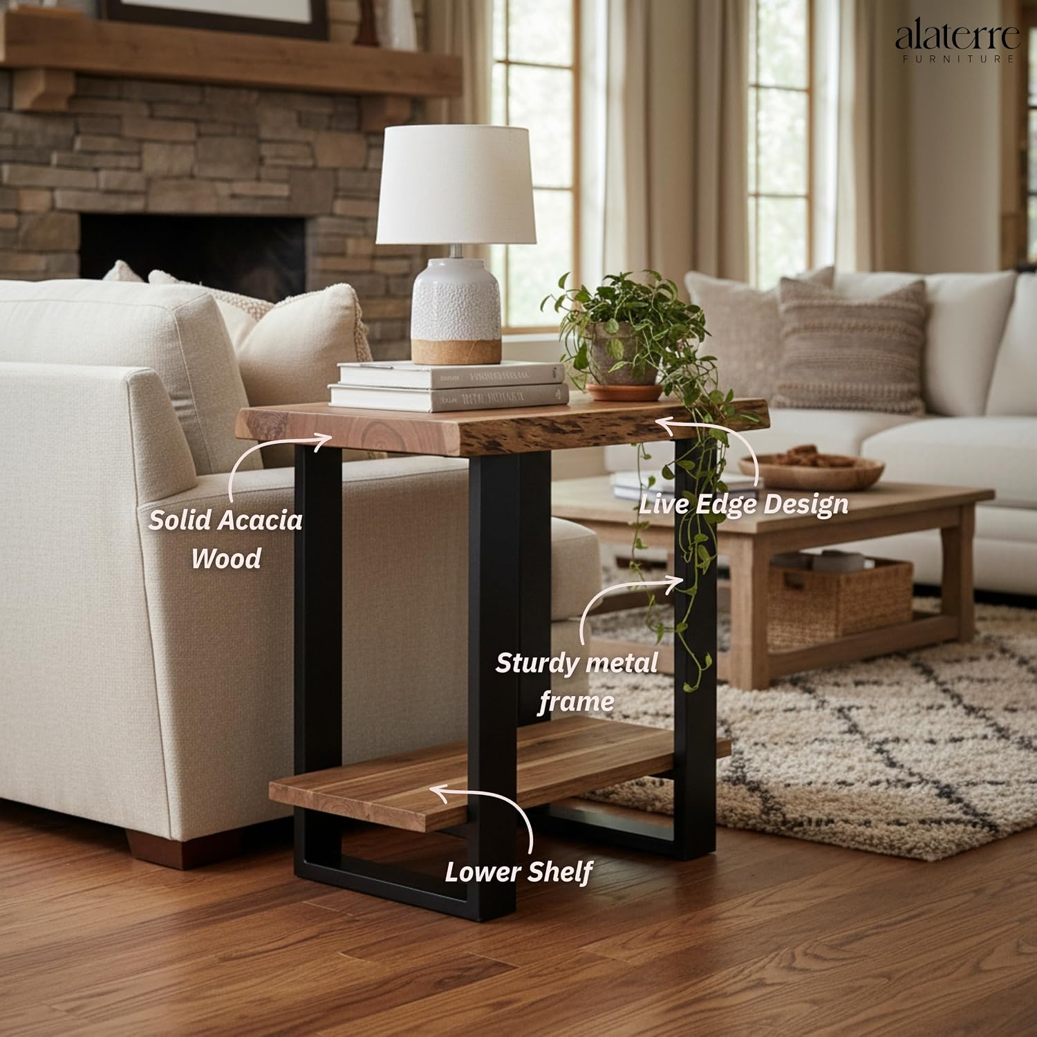 Alaterre Furniture Alpine Live Edge Modern End Table - 2-Tier Narrow Side Table with Open Storage Shelf - Solid Wood and Metal Modern Nightstands for Living Room or Bedroom (Natural)