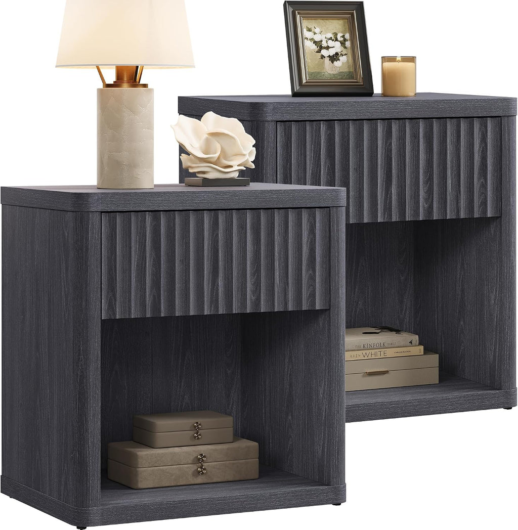SICOTAS Night Stand Set of 2 Nightstands with Drawer Storage Fluted Bed Side Table End Table Large Modern Wide Bedside Mid Century Night Stands for Bedroom Living Room Sofa Office, Dark Grey Alder