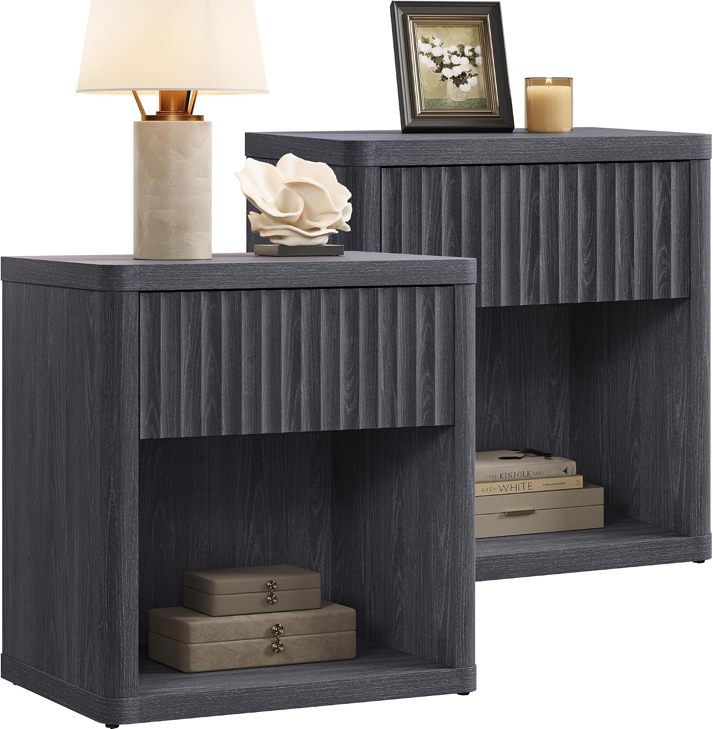 SICOTAS Night Stand Set of 2 Nightstands with Drawer Storage Fluted Bed Side Table End Table Large Modern Wide Bedside Mid Century Night Stands for Bedroom Living Room Sofa Office, Dark Grey Alder