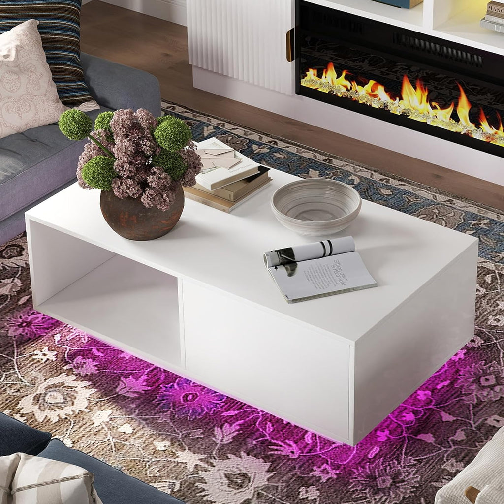 COSVALVE Modern White LED Coffee Tables for Living Room with Drawer & 16-Color LED Lights, Rectangle Living Room Sofa Table with Ample Storage Space(23.6' D x 43.3' W x 15.7' H)