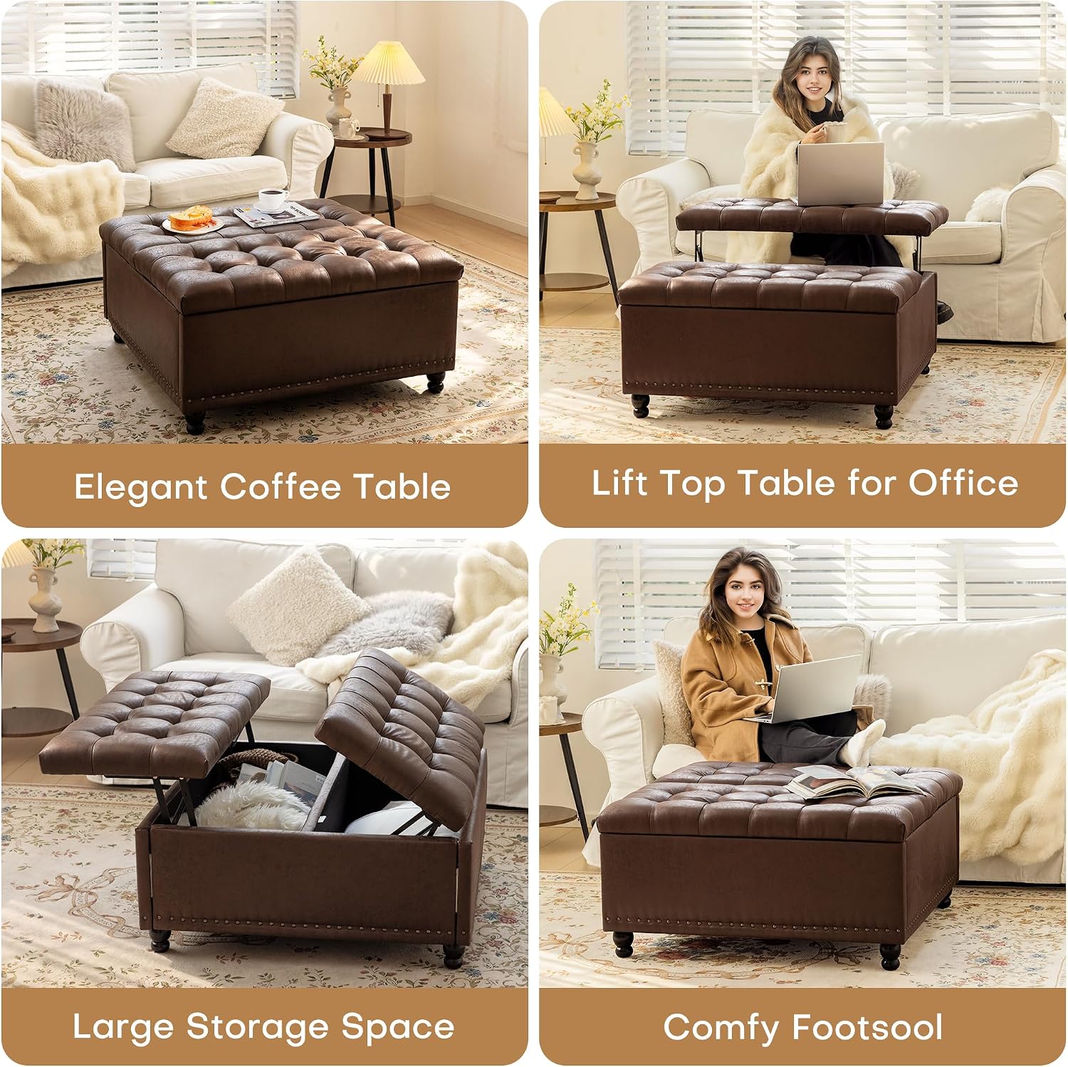 Redlife 35 Inch Large Square Storage Ottoman, Storage Ottoman Coffee Table with Lift Top Faux Leather Ottomans Bench Square Footrest Oversized Upholstered Coffee Table for Living Room (Dark Brown)