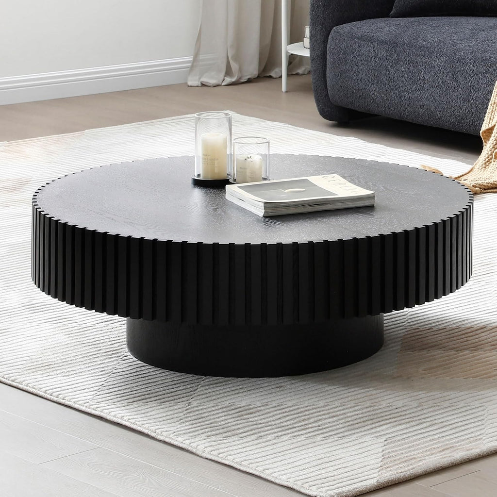 31' Round Black Coffee Table for Living Room, Mid Century Modern Coffee Table with Sturdy Pedestal, Circle Center Table Accent Tea Table for Apartment
