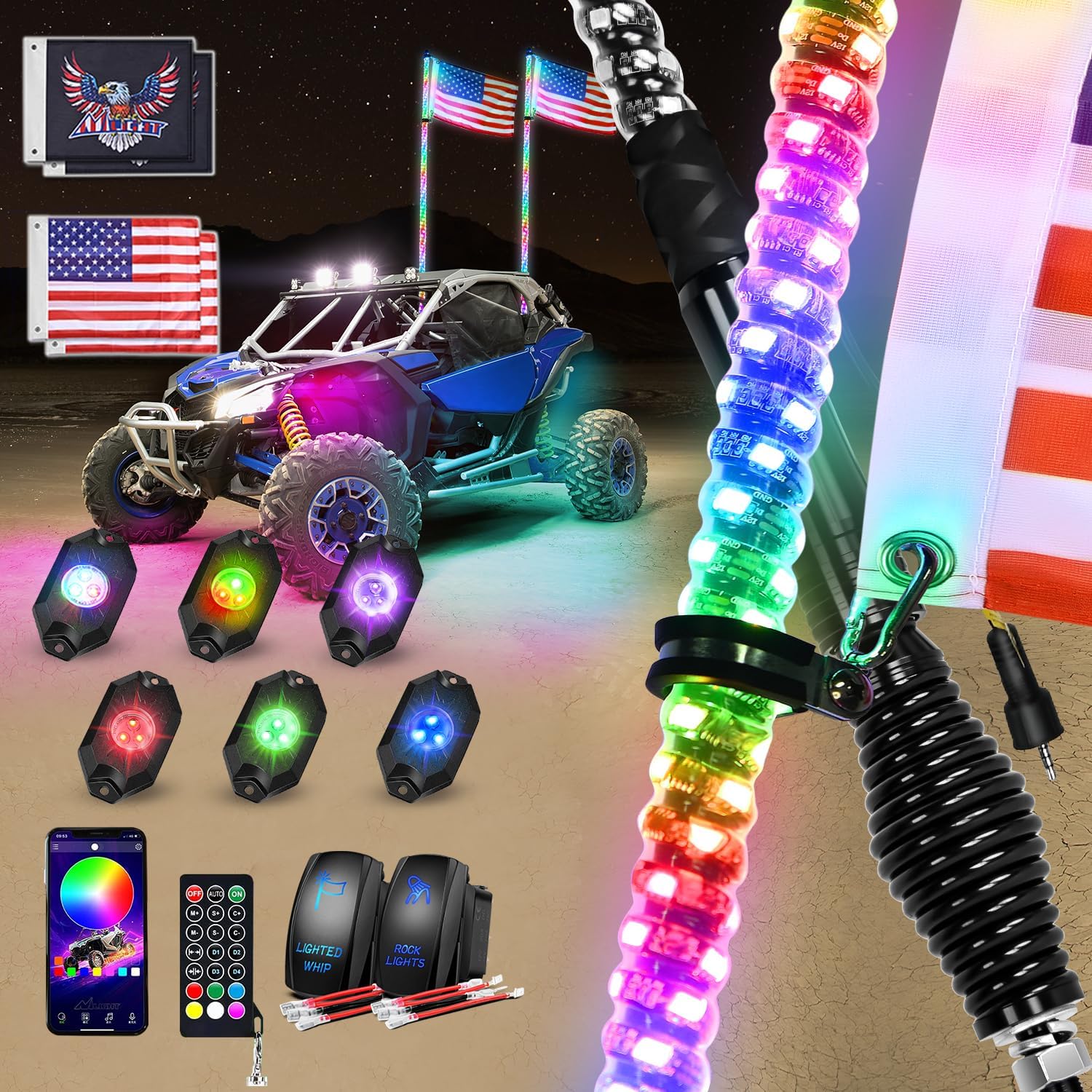 Nilight 2PCS 4FT RGB LED Whip Light with Spring Base and 6 PCS Rock Lights Combo, Remote App Control w/DIY Chasing Patterns Turn Signal Brake Reverse Antenna Lighted Whips for ATV UTV Polaris RZR Jeep
