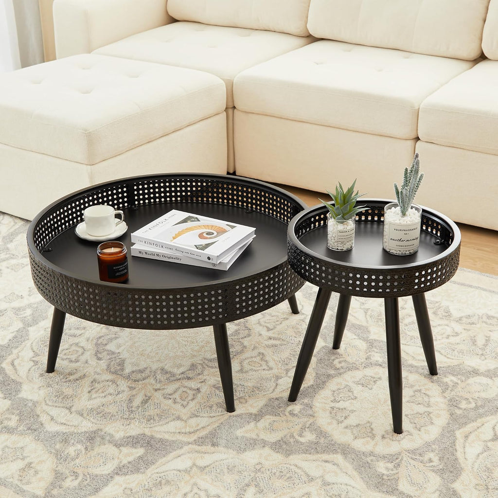 Bifins Black Round Nesting Coffee Table with Hidden Storage Set of 2, Modern Circle Coffee and End Table Set for Living Room Balcony (Black Set of 2)