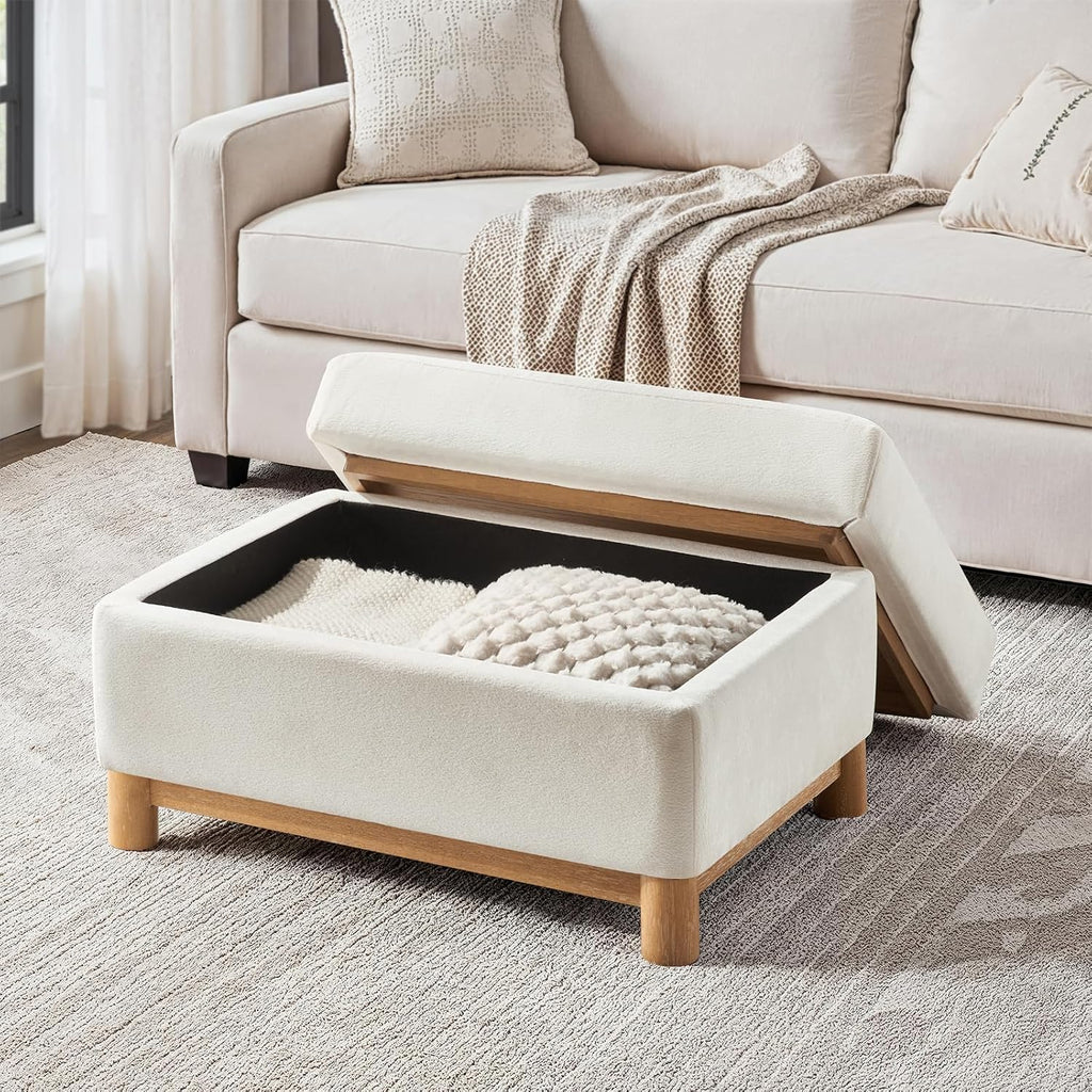 HULALA HOME 30.25' Ottoman Coffee Table with Reversible Tray Lid, Modern Upholstered Storage Ottoman with Solid Wood Base, Removable Top, Footrest and Extra Seating for Bedroom or Living Room, Ivory