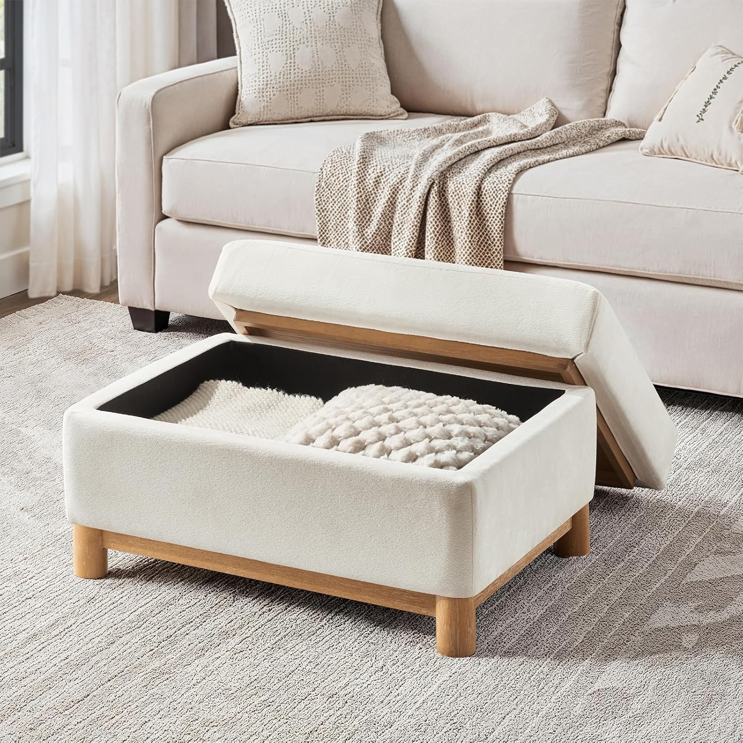 HULALA HOME 30.25' Ottoman Coffee Table with Reversible Tray Lid, Modern Upholstered Storage Ottoman with Solid Wood Base, Removable Top, Footrest and Extra Seating for Bedroom or Living Room, Ivory