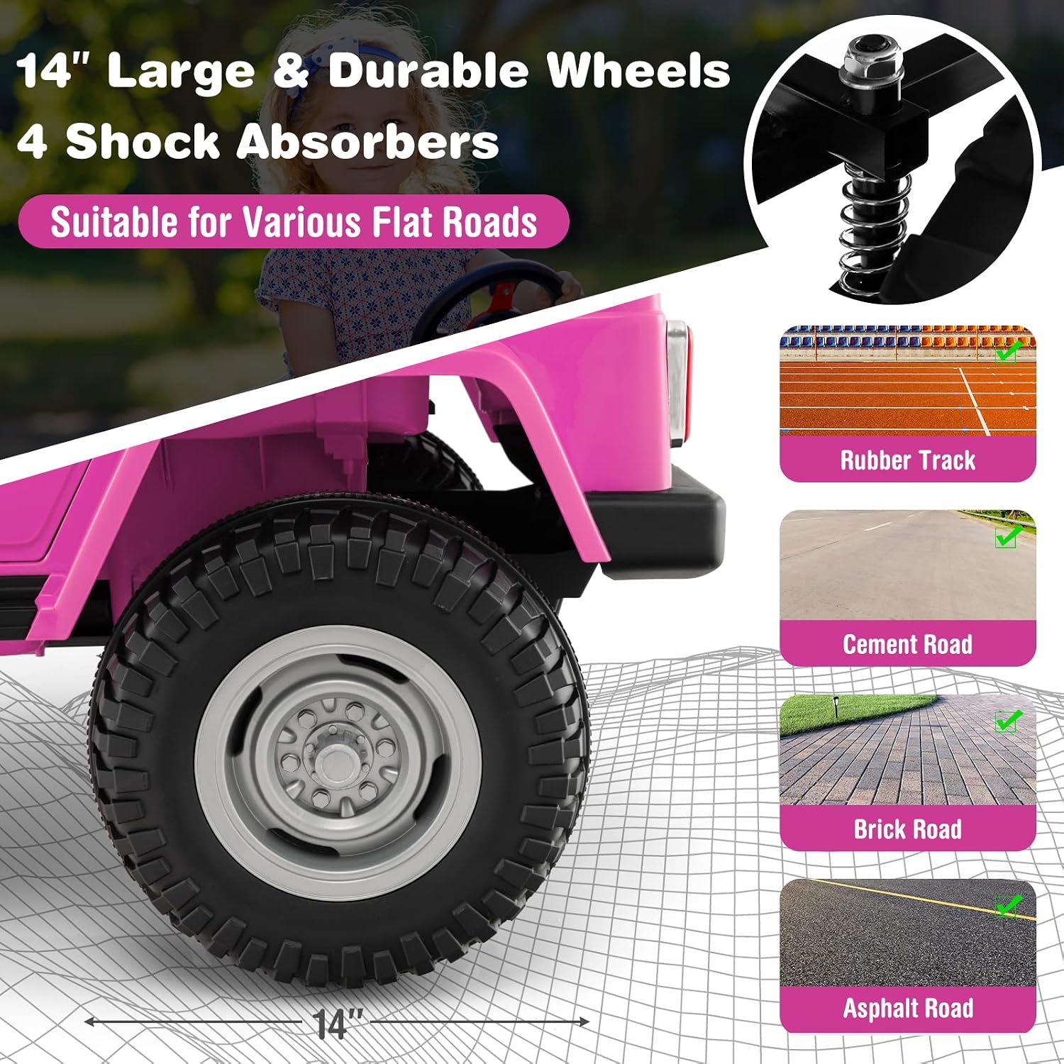 Costzon 2 Seater Ride on Car, 12V Licensed Toyota FJ40 Ride On Truck with 2.4G Remote Control, Spring Suspension, Storage Box, Colorful Lights, Music, USB Port & FM, Electric Car for Kids (Pink)