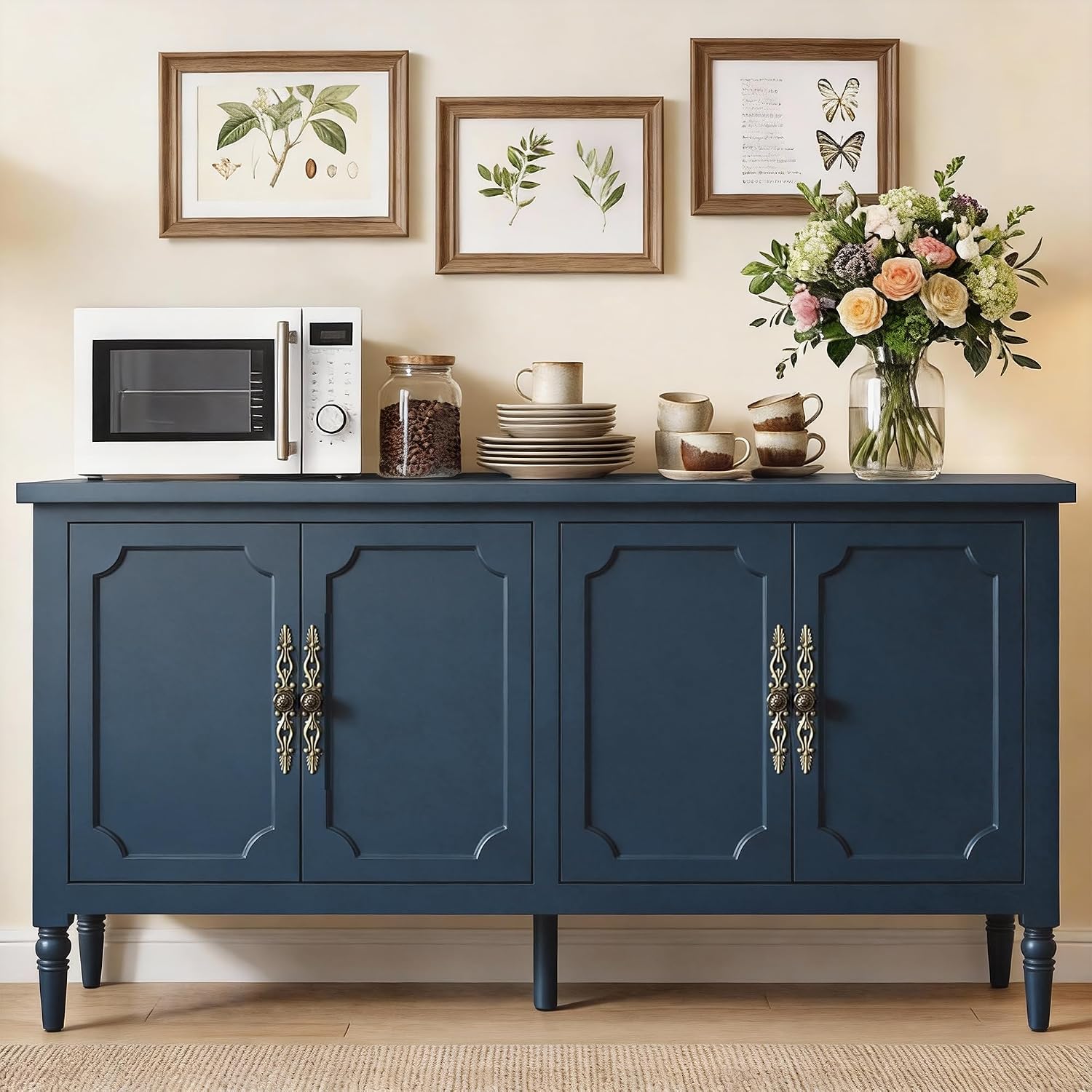 RoyalCraft Buffet Cabinet with Storage, Vintage Sideboard with Adjustable Shelves, Mid Century Modern Painted Credenza Coffee Bar for Kitchen, Dining Room, Entryway, Blue