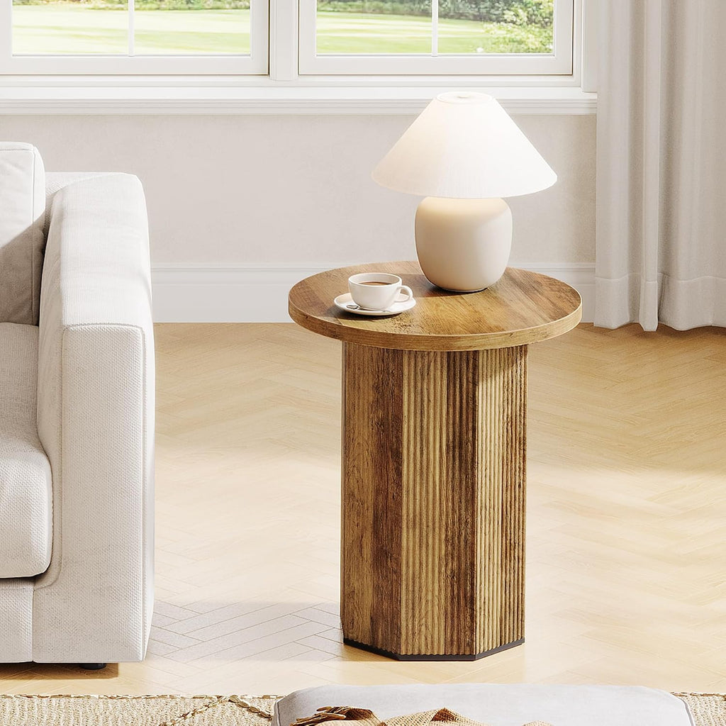 Tribesigns Round End Table, Farmhouse Pedestal Side Table, Fluted Wooden Nightstand Drink Stand for Living Room, Bedroom (1)
