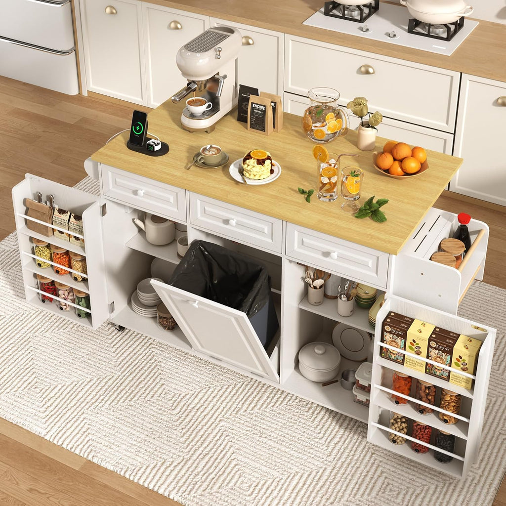 St.Mandyu 62 inch Rolling Kitchen Island with Power Outlet, Drop Leaf & Storage Cabinet - Mobile Cart with Hidden Trash Cabinet, Spice Rack, Shelves, and Towel Holder for Small Spaces,White