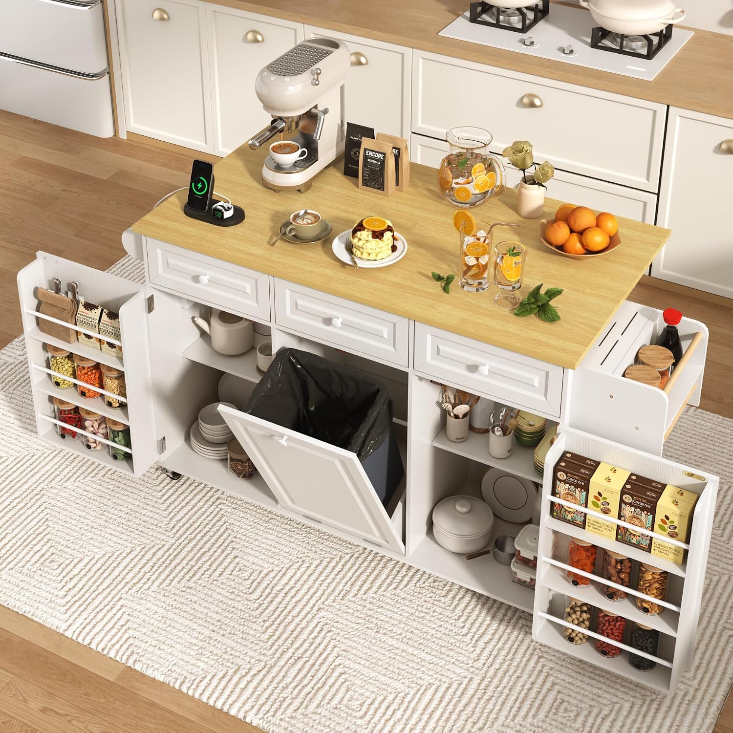 St.Mandyu 62 inch Rolling Kitchen Island with Power Outlet, Drop Leaf & Storage Cabinet - Mobile Cart with Hidden Trash Cabinet, Spice Rack, Shelves, and Towel Holder for Small Spaces,White