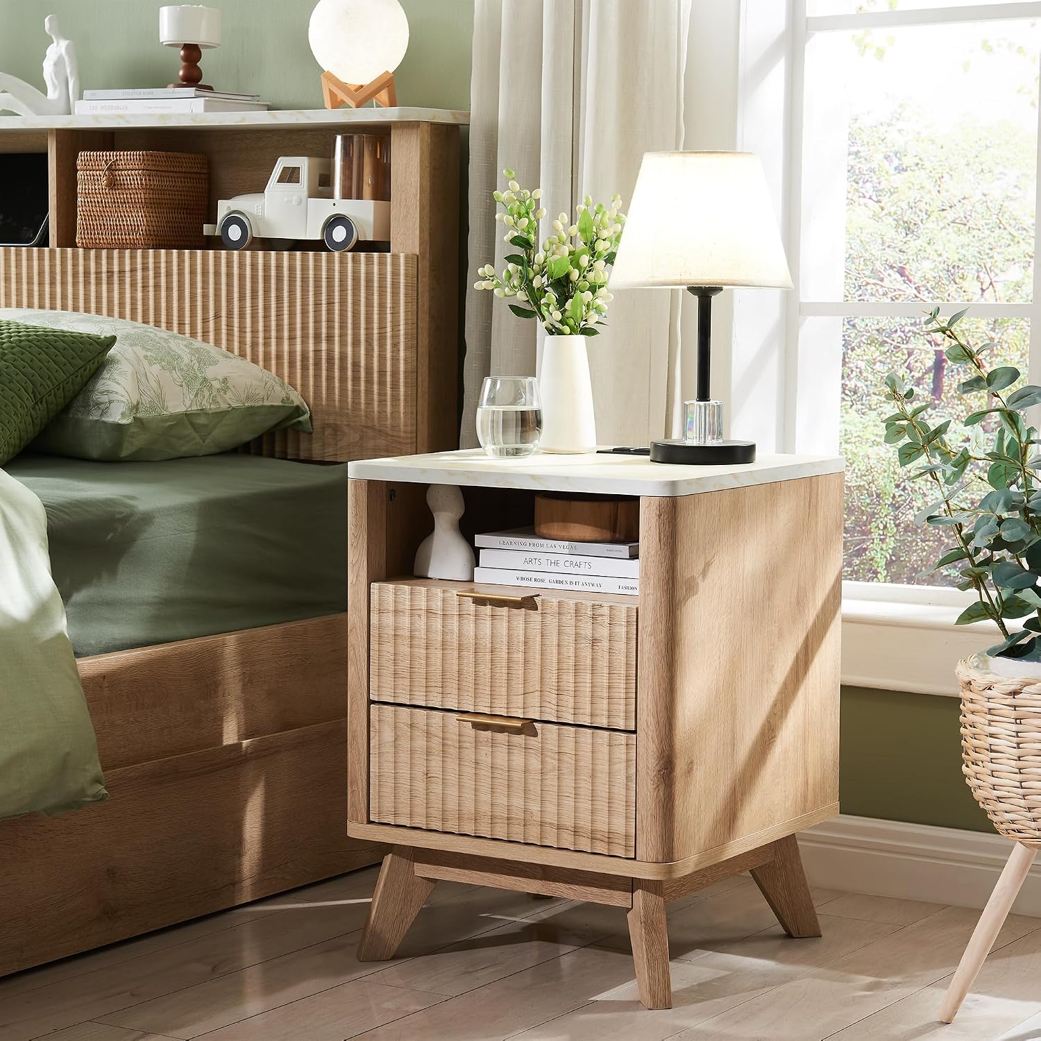 T4TREAM Fluted Nightstand Set of 2 with Charging Station, 18' Modern Side Table with Faux Marble Top, 2 Drawer End Table w/Storage, BedsideTable for Bedroom, Living Room, Curved Profile, Natural Oak