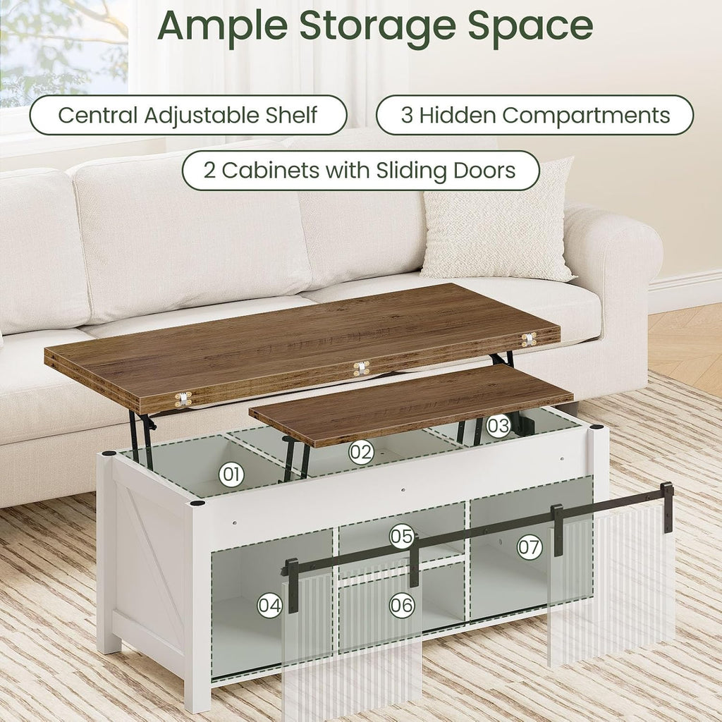 CHOEZON Lift Top Coffee Table, 4 in 1 Convertible Coffee Table, Farmhouse Coffee Tables, with Hidden Compartments, with Sliding Doors, for Living Room, Apartment, White and Walnut MKF01WL
