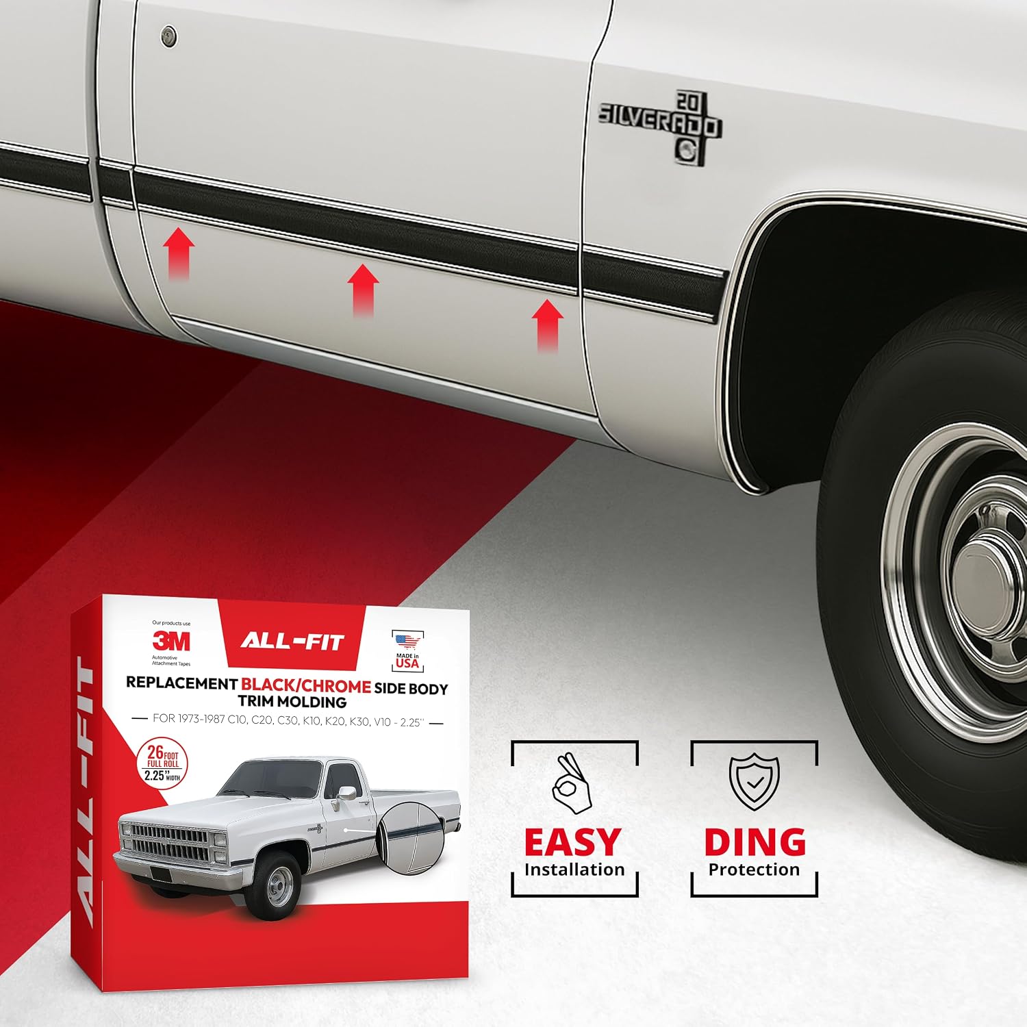 All-Fit Automotive Replacement SB - Square Body Side Molding (2.25') – OEM Grade Black Chrome Trim fits 1973–1987 Chevy C10 Trucks, Silverado, GMC Pickup & Suburban – Easy Install Truck Accessories