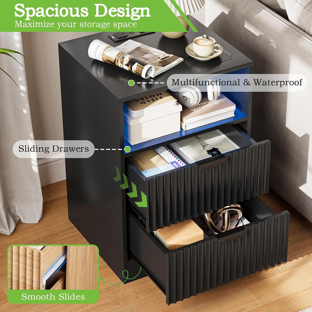 Black Night Stand Set 2, LED Nightstand with Charging Station,Wood Side Table Living Room,Fluted NightStands with 2 Drawers, End & Bedside Tables for Bedroom Sofa Office