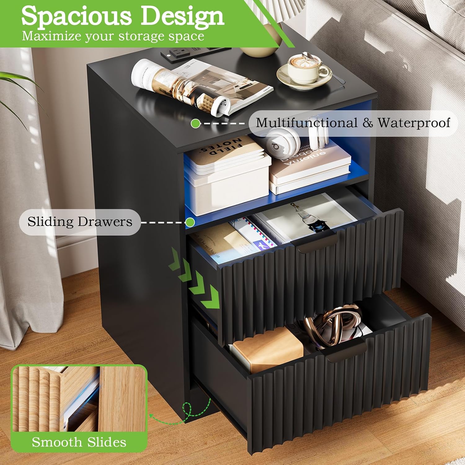 Black Night Stand Set 2, LED Nightstand with Charging Station,Wood Side Table Living Room,Fluted NightStands with 2 Drawers, End & Bedside Tables for Bedroom Sofa Office