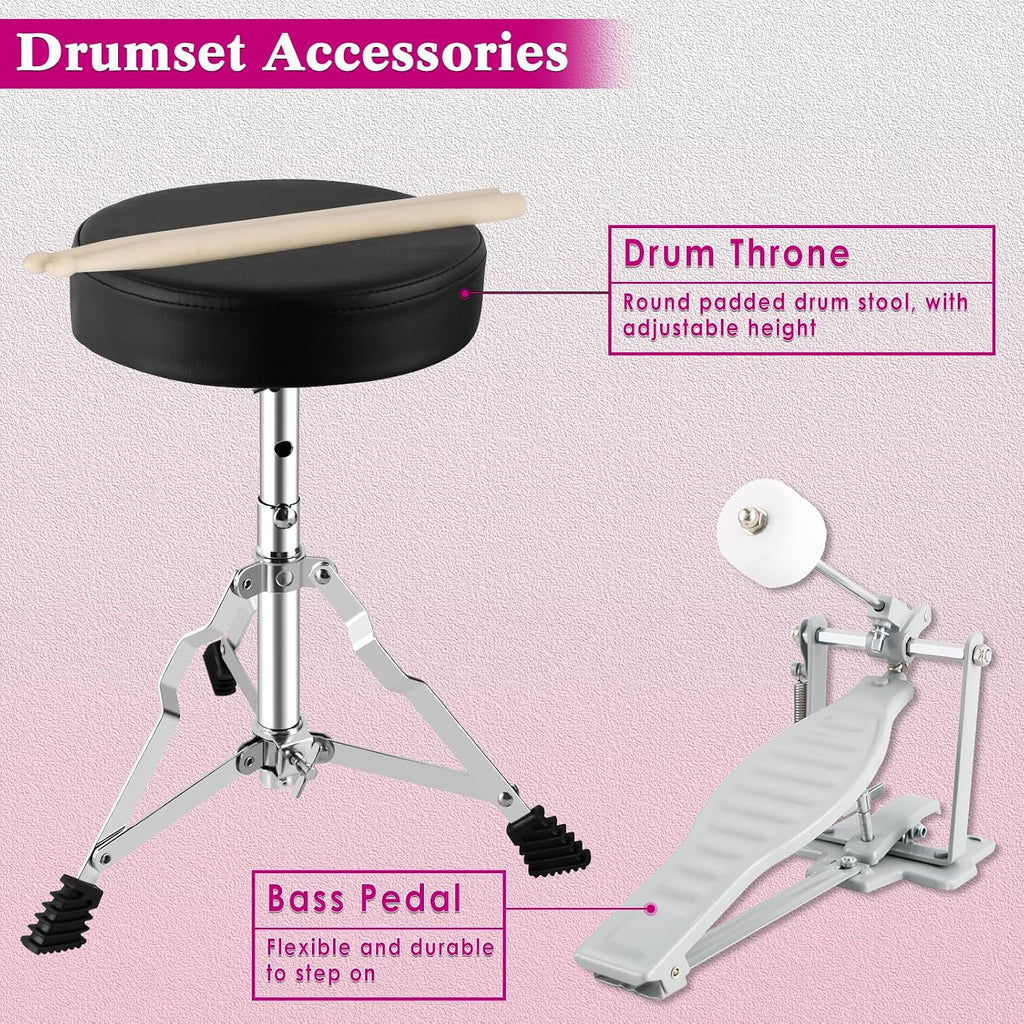 EASTROCK Junior Drum Set, 3 Piece 14'' Junior Drum sets for Drummer,Beginner, Drum Set for 5-7 Years Old with Adjustable Throne,Cymbal,Pedal,Drumsticks (Rose Powder)