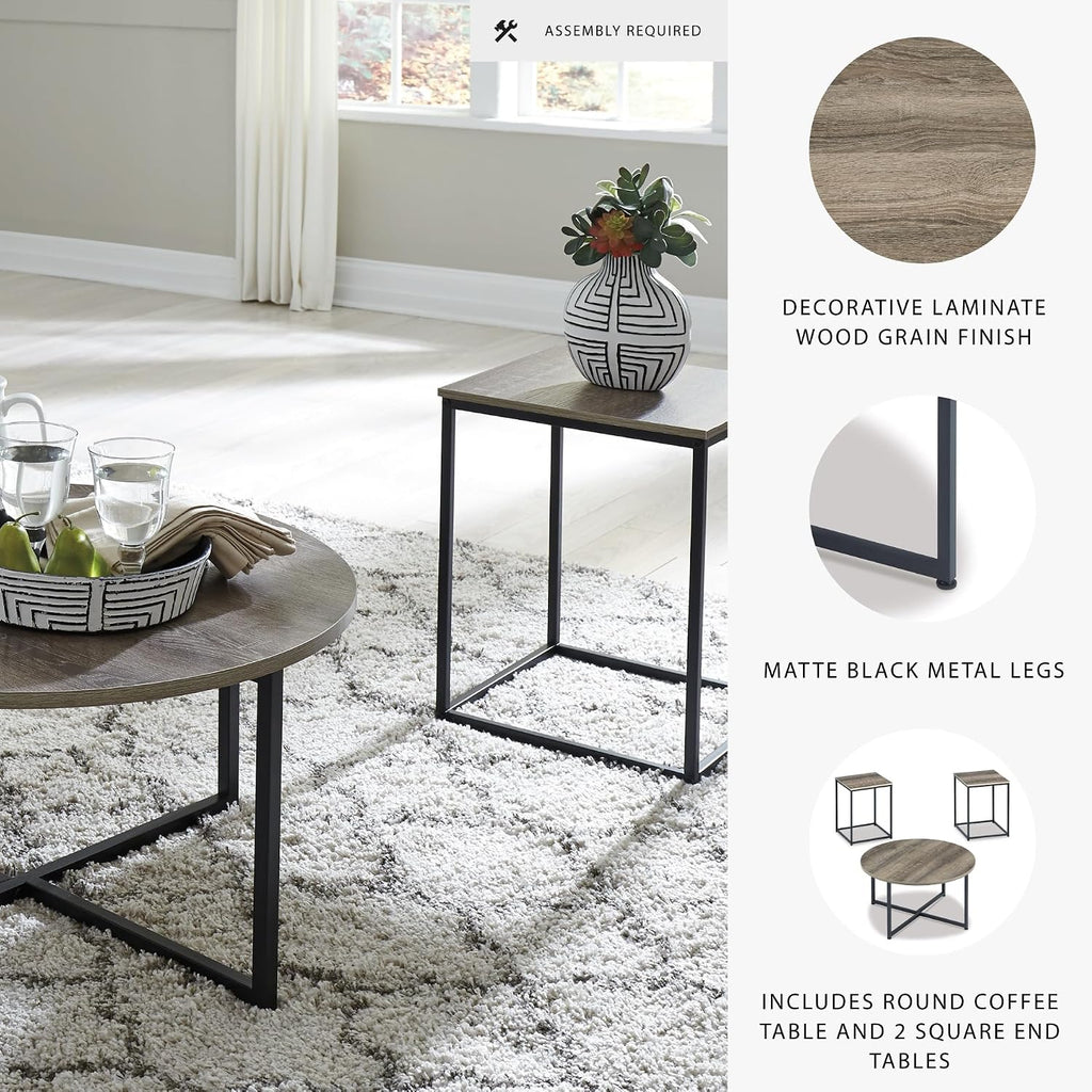Signature Design by Ashley Wadeworth Urban Wood Grain 3-Piece Table Set, Includes 1 Coffee Table and 2 End Tables, Brown & Black