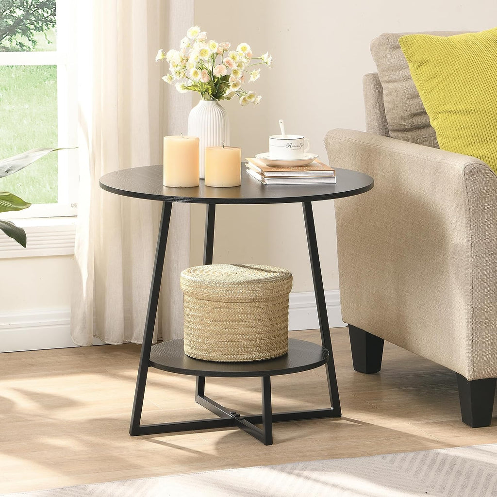 D&H FURNIMMT 20' Living Room Side Table Set of 2 for Small Spaces, 2 Tier Wood Top Round End Tables with Storage Shelf, Accent Sofa Table for Bedroom, Office, Sunroom, Balcony, Black