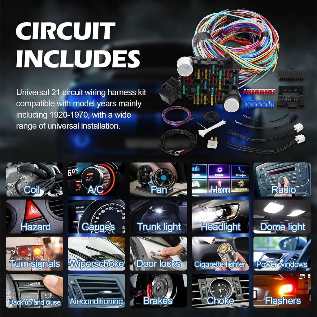 Universal Wiring Harness Kit - 21 circuit wiring harness Standard Color Wire Harness Kit Replacment for Chevy Mopar Hotrods Ratrods Ford Chrysler Universal Automotive Wiring