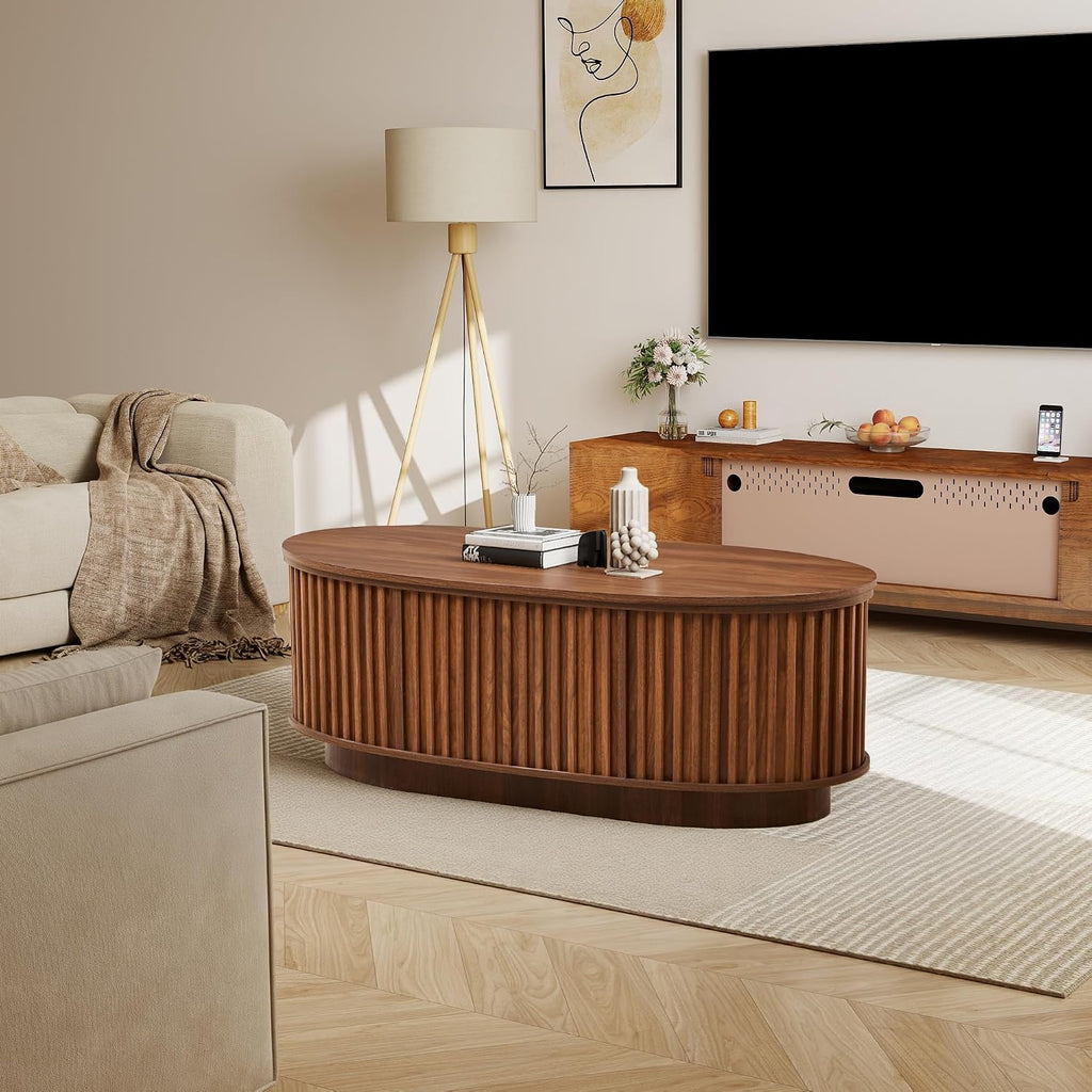 Oval Coffee Table, 43.3'' Fluted Lift Top Coffee Table with Hidden Storage Compartment, Mid Century Modern Dining Table Wooden Center Table for Living Room, Office, Small Spaces (Walnut)