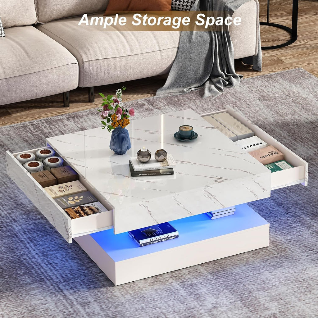 jiteentarou 33.9 Inch Modern LED Coffee Table with Storage - High Gloss Black Square Center Table with 2 Drawers, Double-Layer Design for Living Room, Home Office Furniture,White Marble