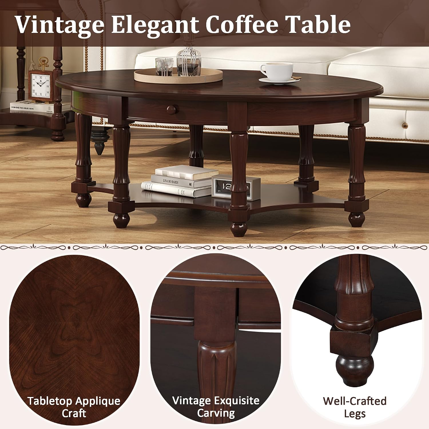 Merax 45' Vintage Oval Rubber Wood Coffee Table with Drawer and Storage Shelf, Antique Cocktail Tables, French Country Accent for Living Room, Walnut
