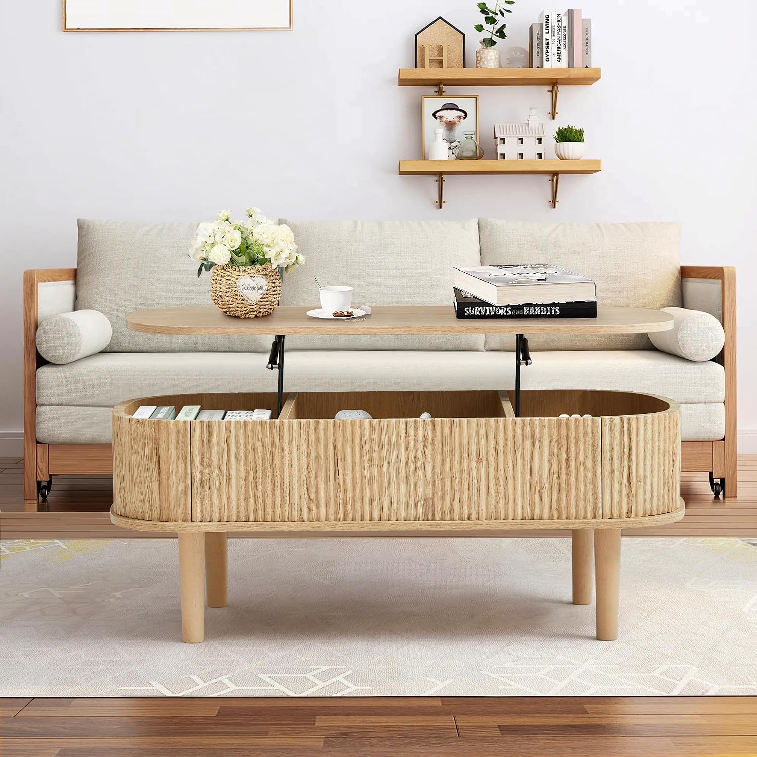 Fully Assembled Fluted Lift Top Coffee Table with Hidden Compartment, Wooden Center Table, Modern Oval Lift Tabletop for Home Living Room Office, Natural