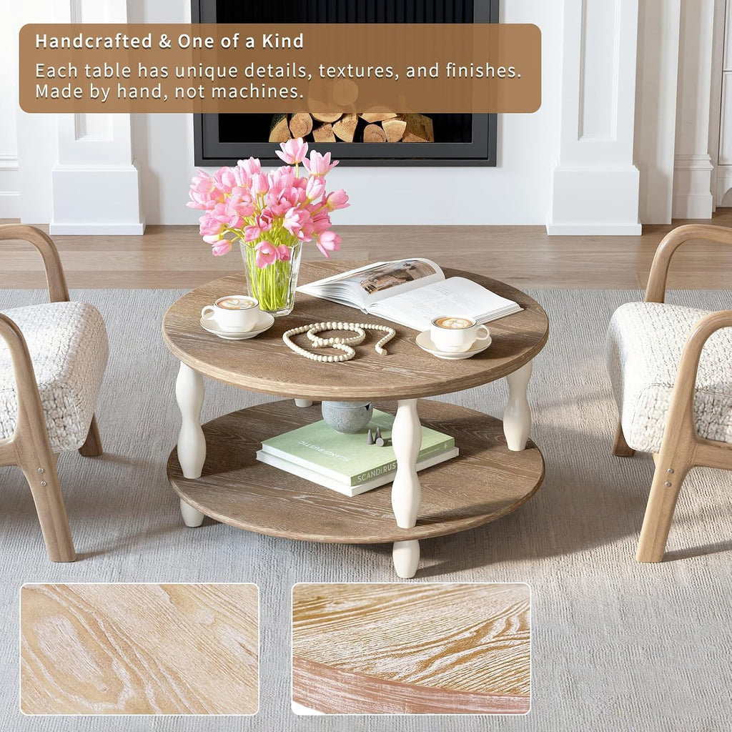 karlott Farmhouse Coffee Table, 30.3' Round Coffee Tables for Living Room, Solid Wood Veneer 2-Tier Center Table with Storage Shelf, Pine Leg, Boho Rustic, Easy Assembly, Cream Beige