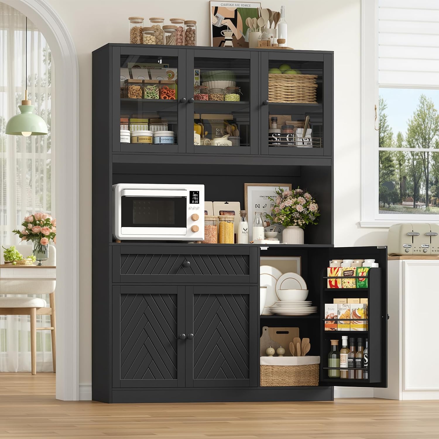 BOTLOG 72' Tall Kitchen Pantry Storage Cabinet, Modern White Kitchen Hutch with Large Storage Drawer, Countertop, Adjustable Shelves, Food Pantry Cabinets for Dining Room, Living Room (Black)