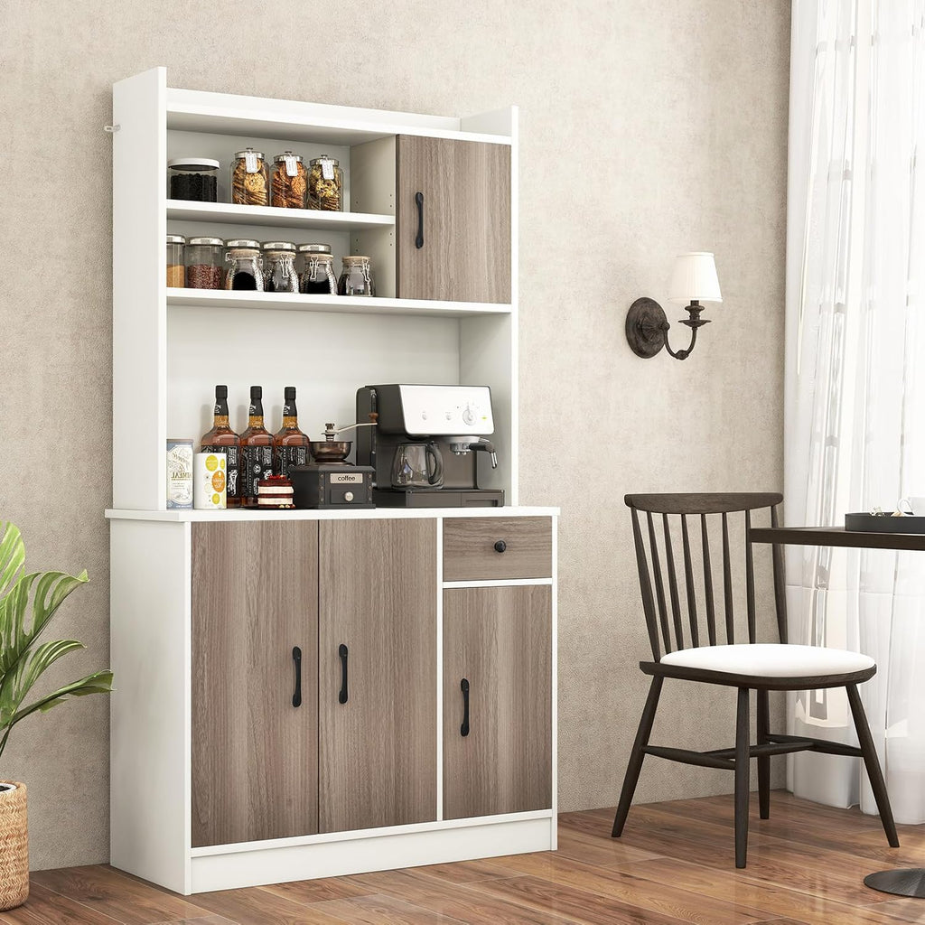 COSTWAY Kitchen Pantry Storage Cabinet, 71' Freestanding Tall Hutch Cabinet with Charging Station, Microwave Stand, Adjustable Shelves, Modern Buffet Cabinet with Hutch for Dining Room, Kitchen, White