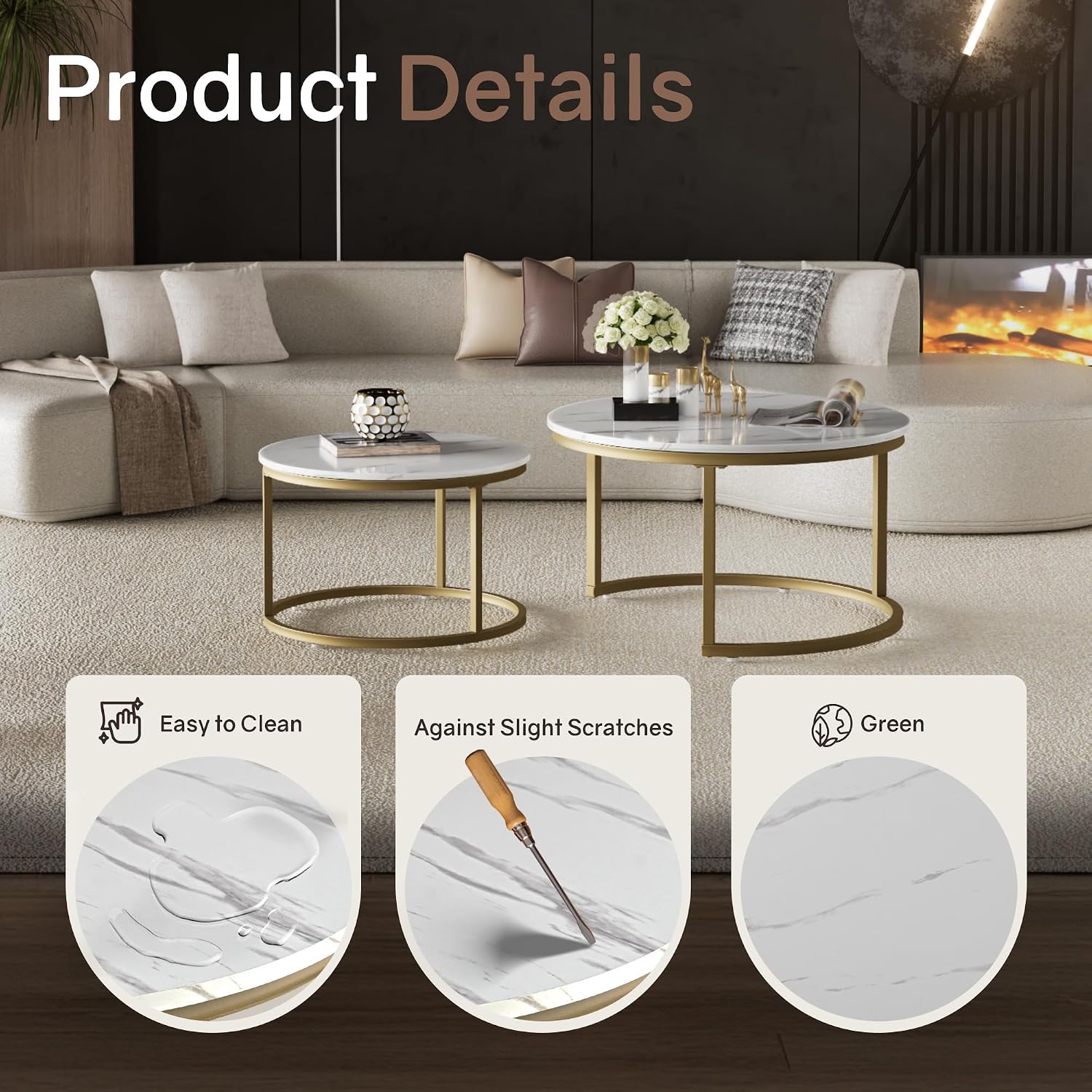 Otterease Nesting Tables Set of 2, 31.5' Round Coffee Table, Small Nesting Coffee Table with Adjustable Non-Slip Fee, White Marble Top Stack Nesting Tables Set of 2 for Living Room, Bedroom (White)