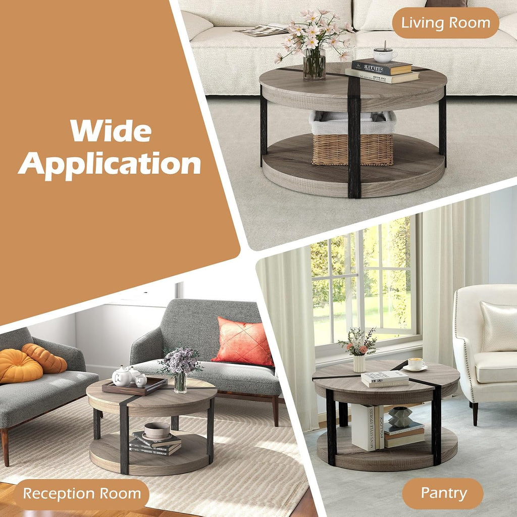 Giantex Round Coffee Table, 34.5' Mid Century Modern Circle Cocktail Accent Table with Open Storage Shelf & Rubber Wood Frame, 2 Tier Center Table for Living Room Reception Room, Grey Oak
