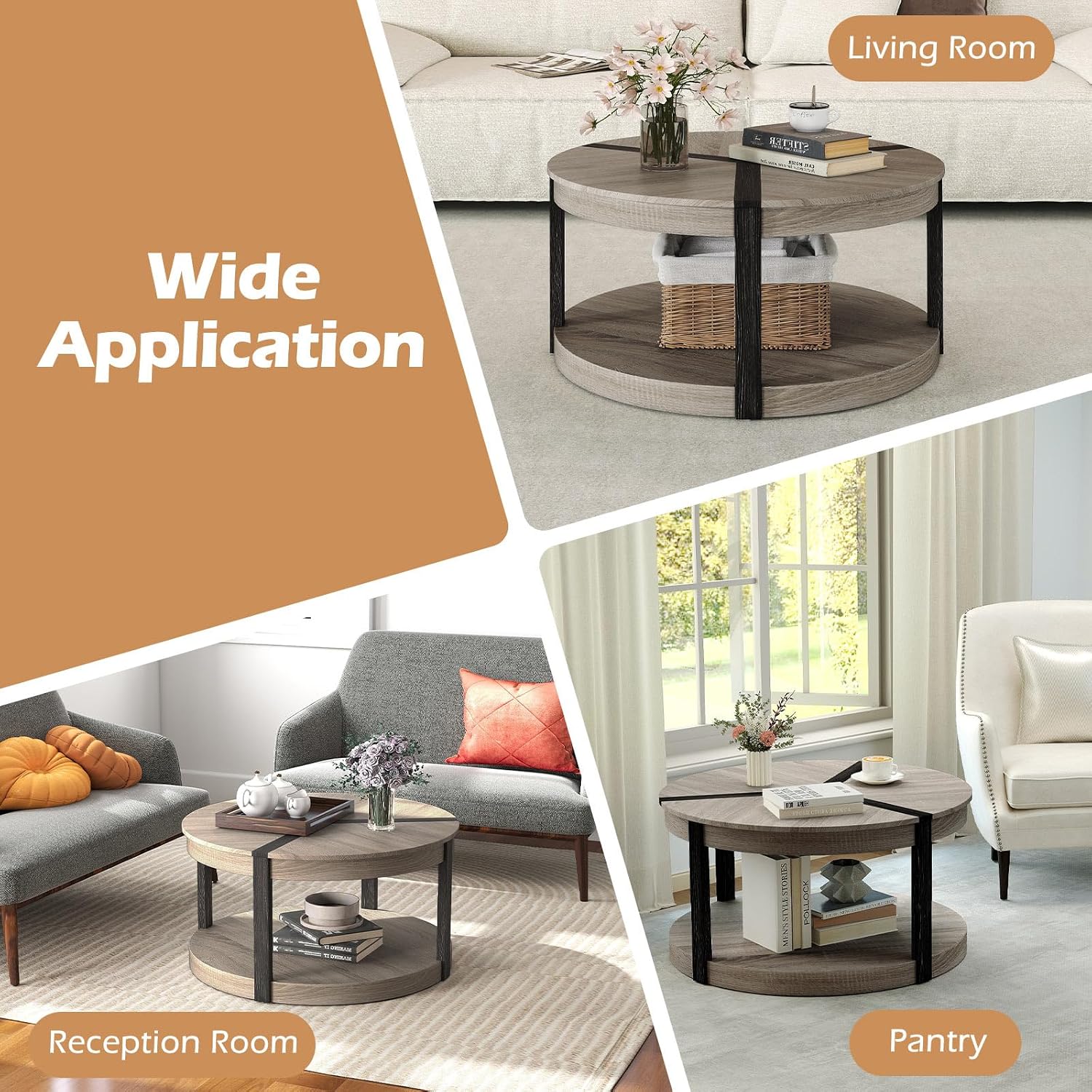 Giantex Round Coffee Table, 34.5' Mid Century Modern Circle Cocktail Accent Table with Open Storage Shelf & Rubber Wood Frame, 2 Tier Center Table for Living Room Reception Room, Grey Oak