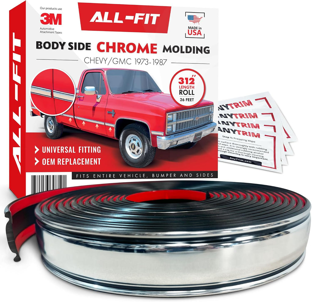 All-Fit Automotive Replacement SB - Square Body Side Molding (2.25') – OEM Grade Chrome Trim fits 1973–1987 Chevy C10 Trucks, GMC Pickup & Suburban – Easy to Install Truck Accessories (26 Ft)