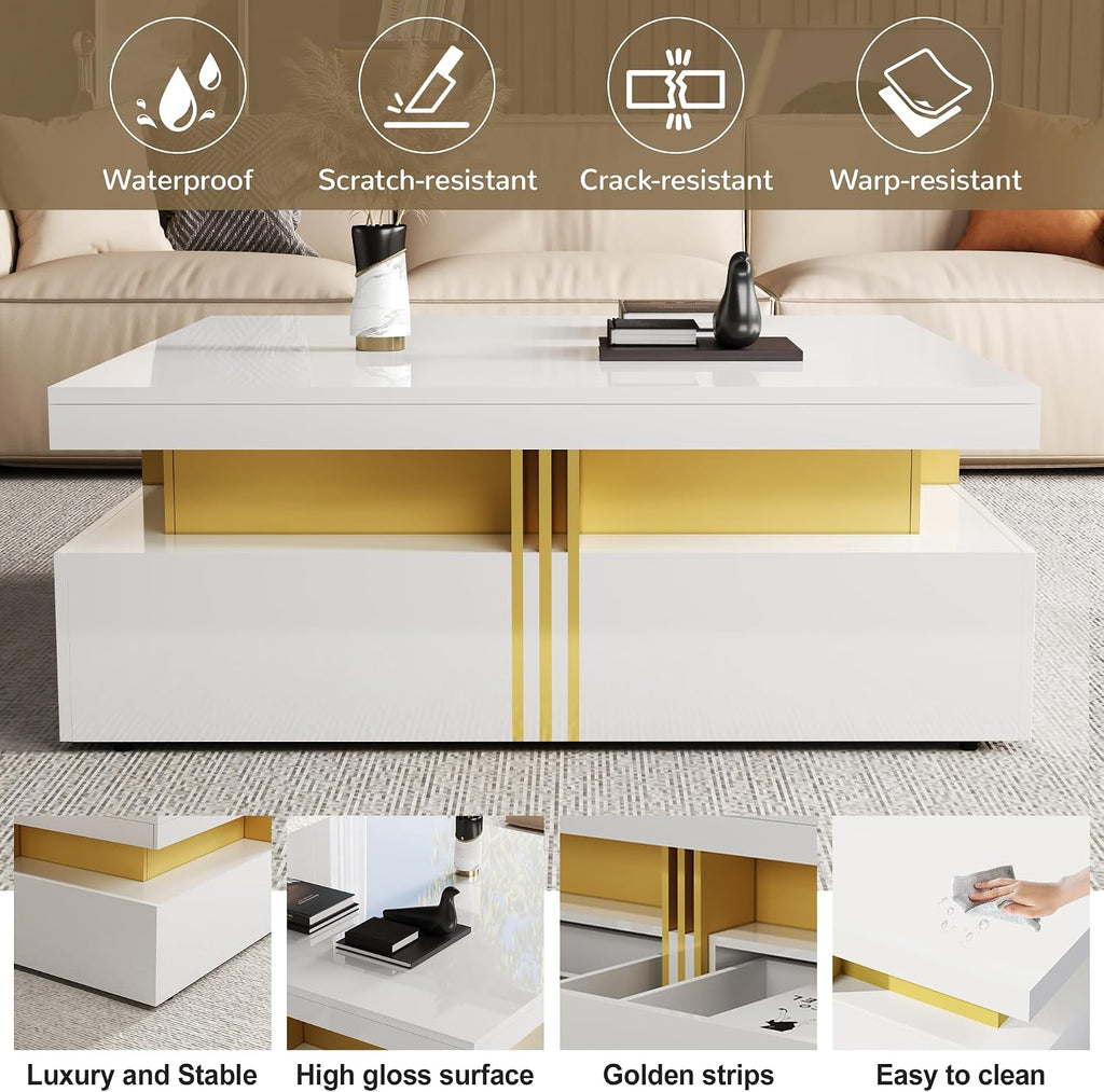 Merax 43.3' Modern Glossy Square Storage Coffee Table with 4 Drawers, Gold Accents, Functional Center Tables for Living Room Apartment, Glossy White