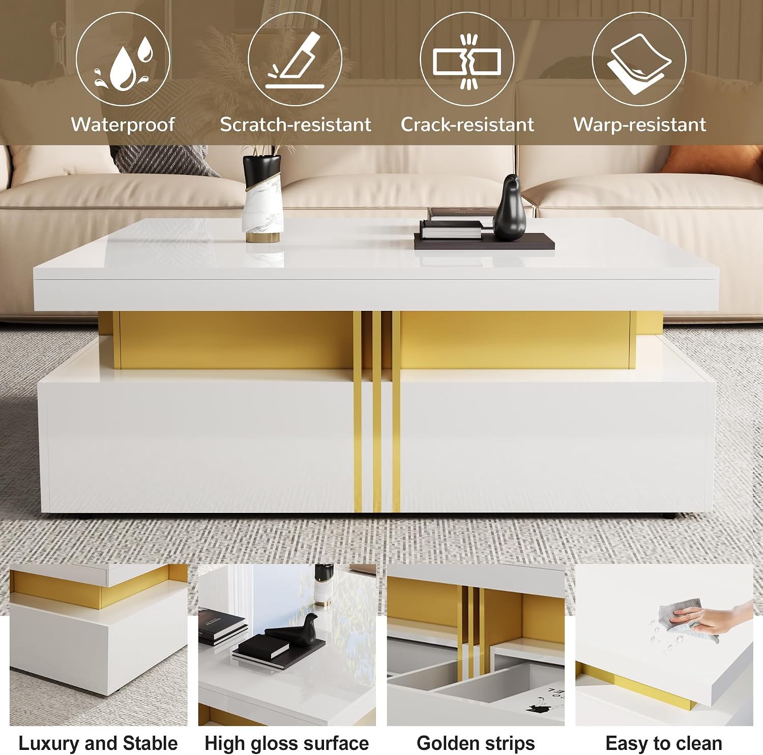 Merax 43.3' Modern Glossy Square Storage Coffee Table with 4 Drawers, Gold Accents, Functional Center Tables for Living Room Apartment, Glossy White