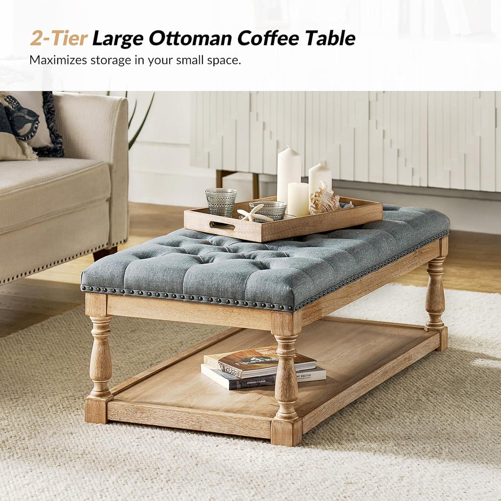 HULALA HOME Rectangle Ottoman Coffee Table with Tray, Tufted Living Room Ottoman with Solid Wood Storage Shelf, Blue