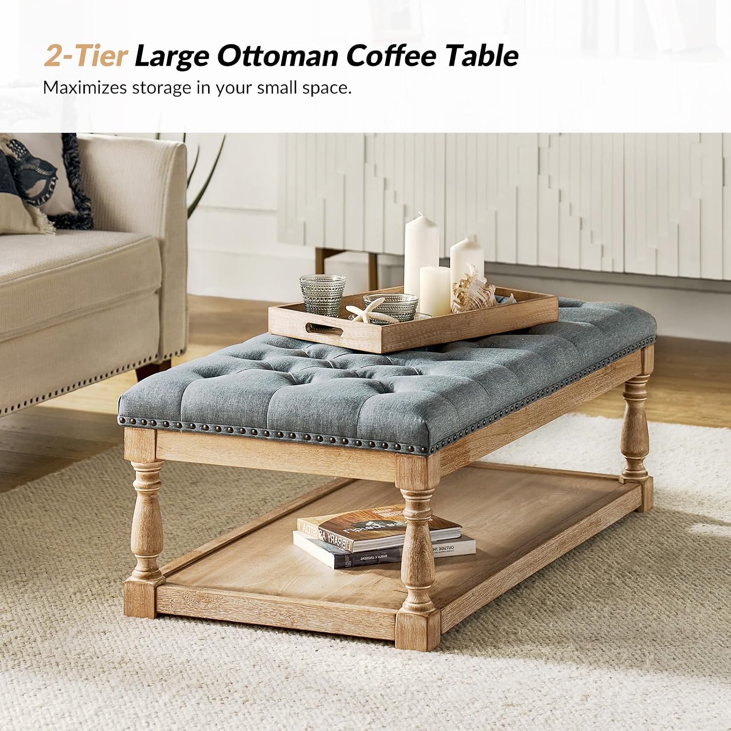 HULALA HOME Rectangle Ottoman Coffee Table with Tray, Tufted Living Room Ottoman with Solid Wood Storage Shelf, Blue