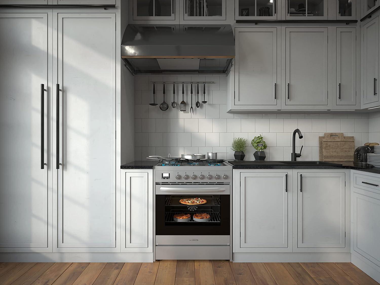 KoolMore 30' Inch Professional Gas Range Stove with 5 Burner Cooktop, Rapid Convection Oven, and Digital Timer with Heavy-Duty Cast Iron Grates, Stainless-Steel Appliance (KM-FR30G-SS),Silver