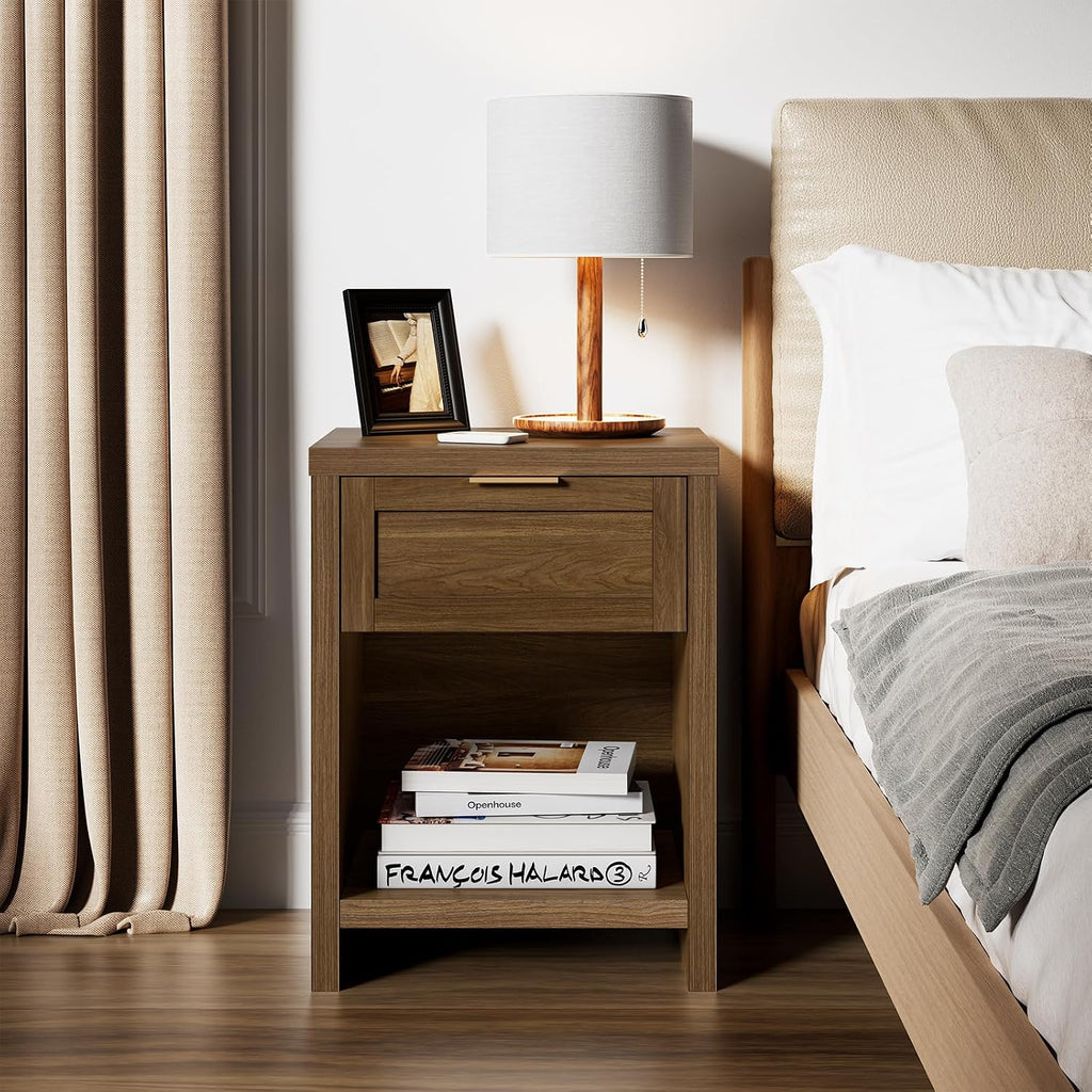 Walsham Natural Nightstands Set 2, Boho Bed Side Table for Living Room, Minimalist Night Stand with Drawer and Storage Shelf - Farmhouse End Tables for Bedroom (Special Walnut, 2 Set)