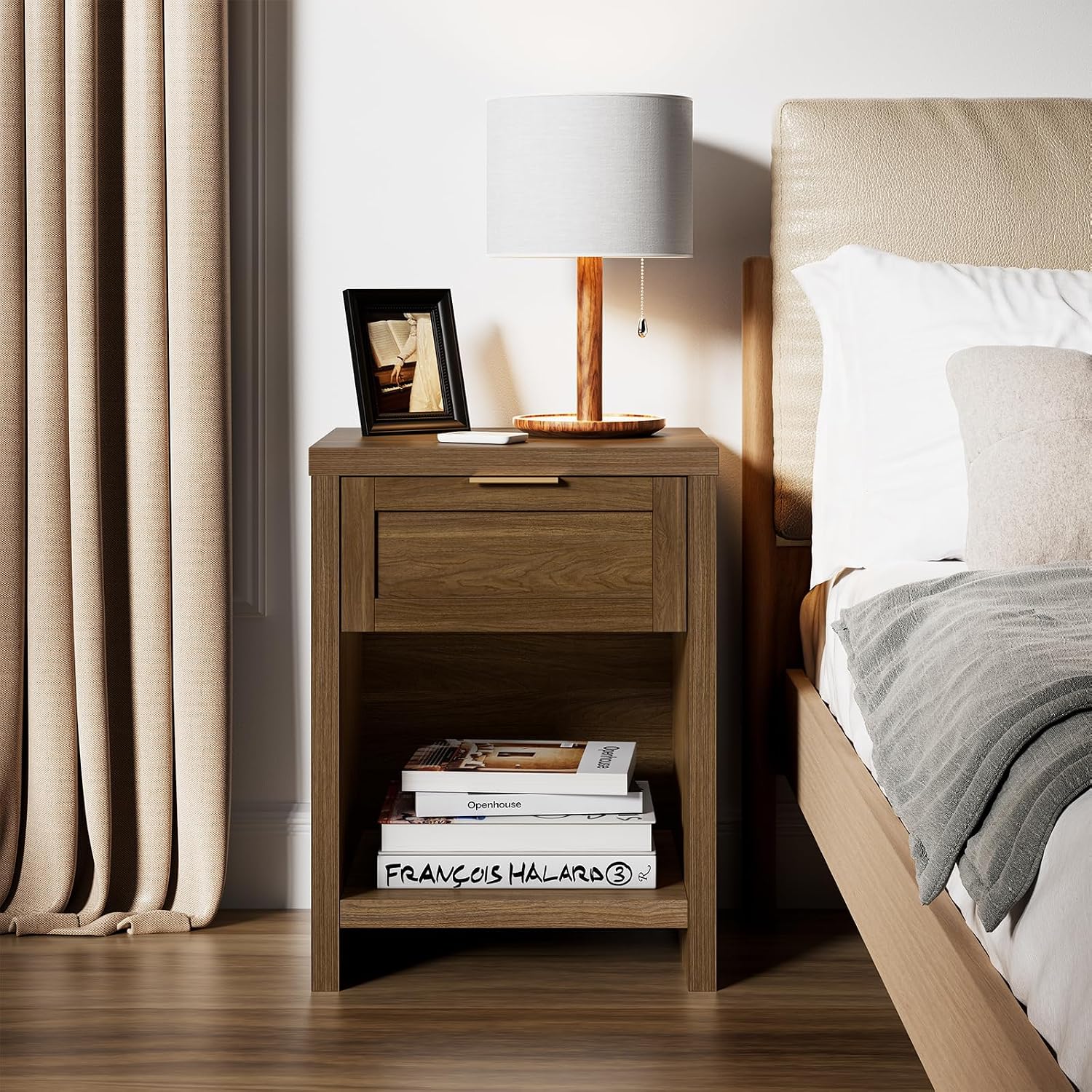 Walsham Natural Nightstands Set 2, Boho Bed Side Table for Living Room, Minimalist Night Stand with Drawer and Storage Shelf - Farmhouse End Tables for Bedroom (Special Walnut, 2 Set)