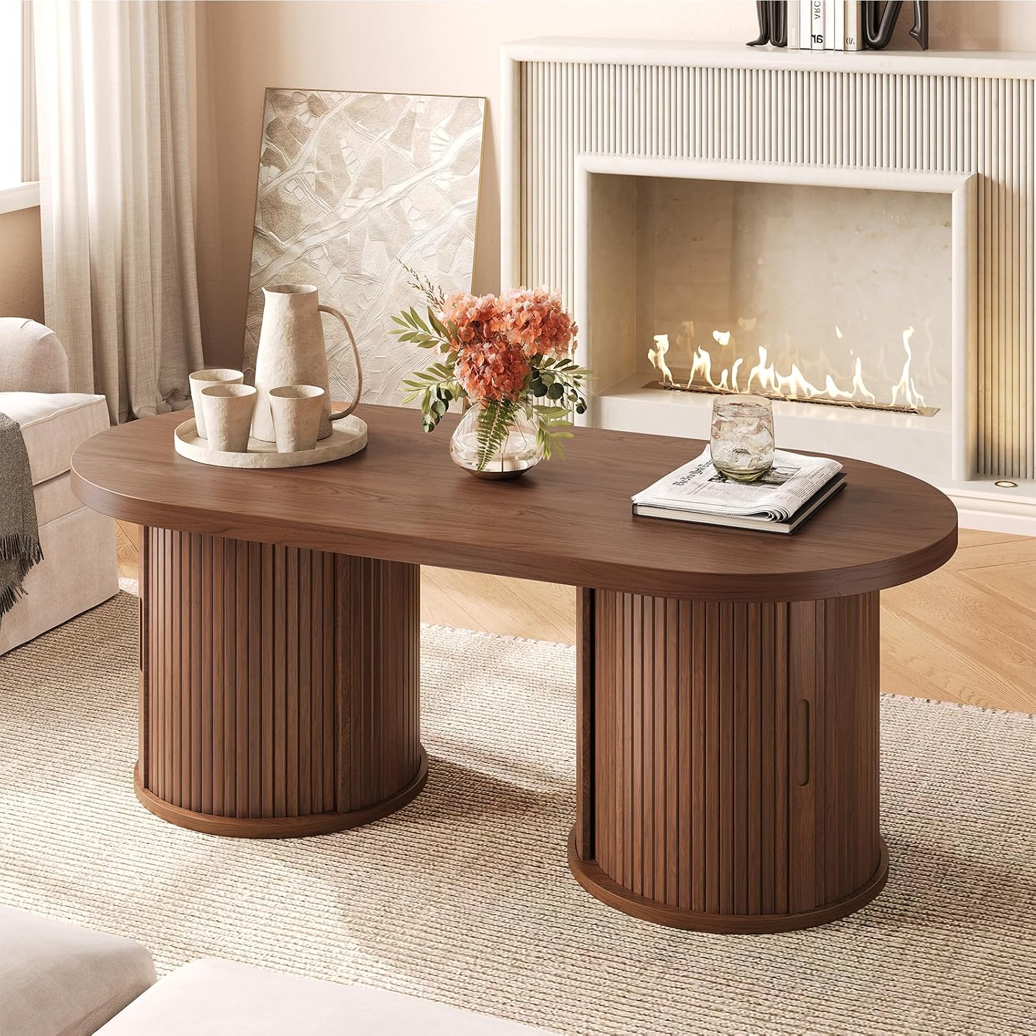 ONBRILL 47' Fluted Coffee Table, Oval Coffee Table with 2 Storage Legs, Mid-Century Modern Center Tables with Sliding Doors, Coffee Tables for Living Room, Walnut