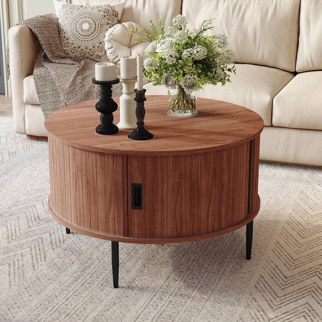 ARTPOWER 31.7' Round Coffee Table with Tambour Door, Mid Century Center Table for Living Room, Small Wood Fluted Circle Coffee Table with Storage, Walnut