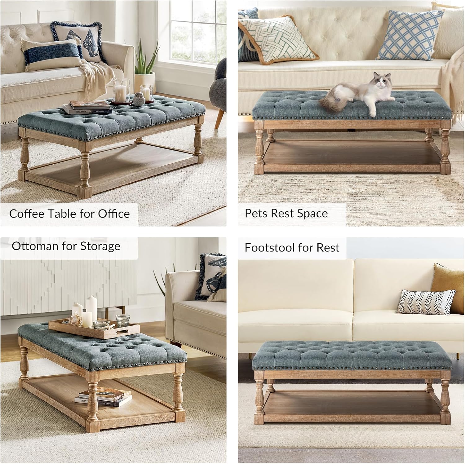 HULALA HOME Rectangle Ottoman Coffee Table with Tray, Tufted Living Room Ottoman with Solid Wood Storage Shelf, Blue