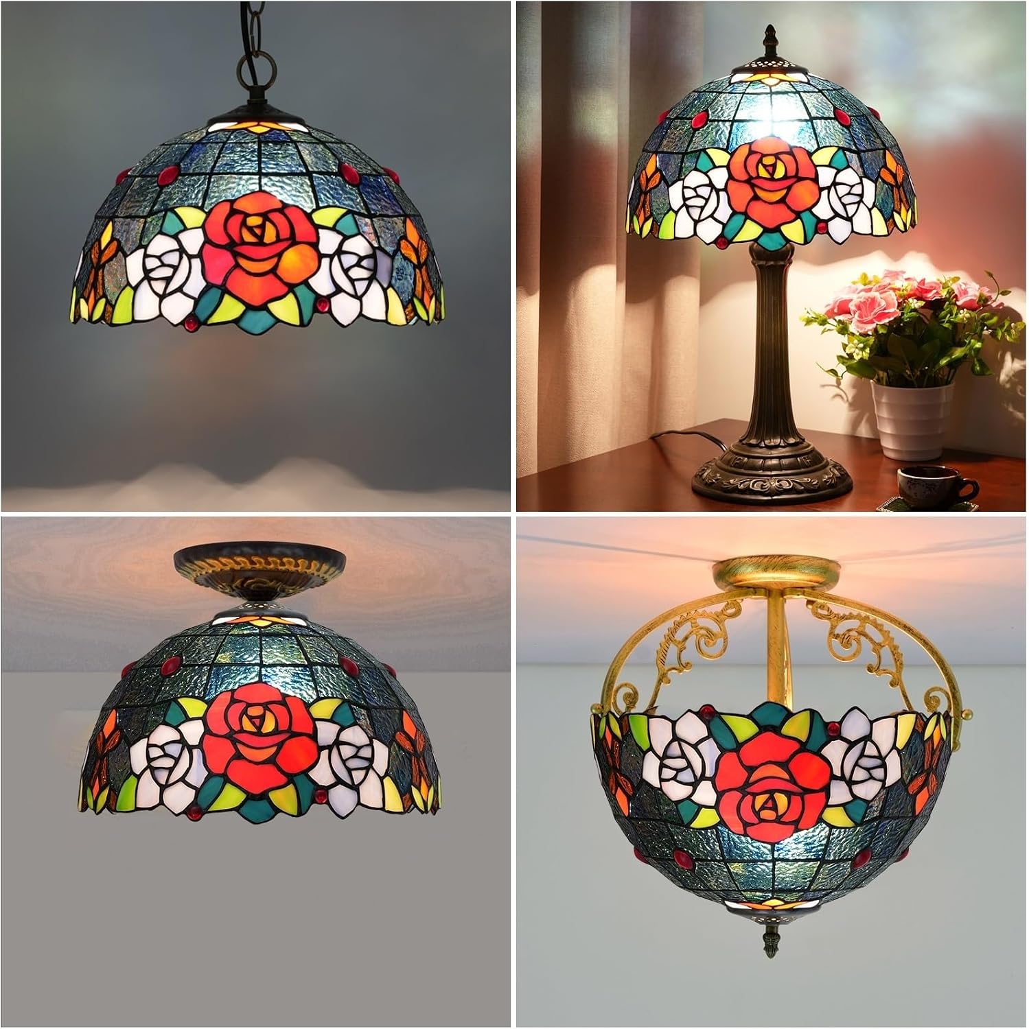 Lamp Shade Replacement 12 Inch Stained Glass Ceiling Light Blue Background Roses Floral Vintage Art Deco For Table Lamps Floor Pendant