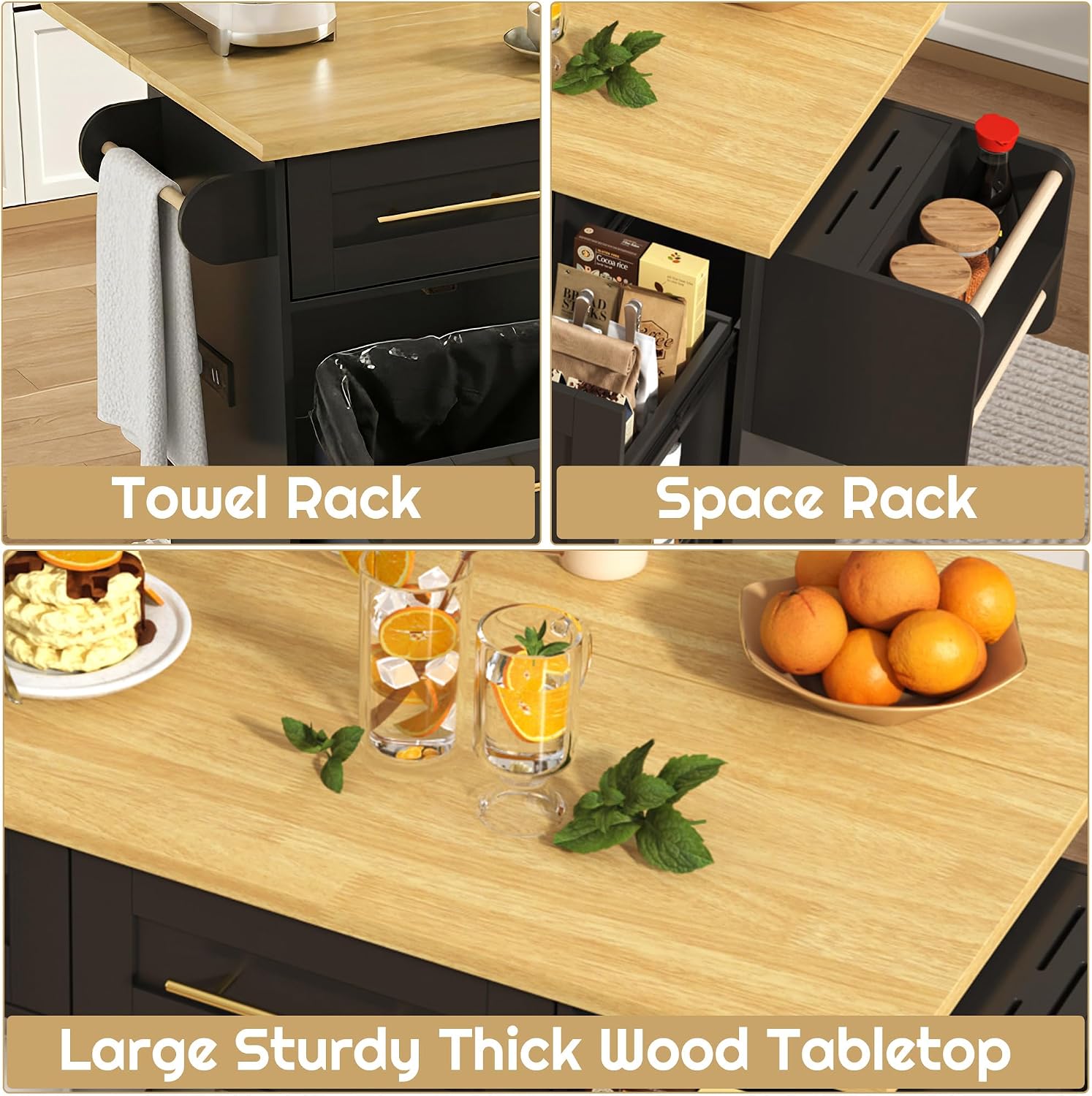 69' Large Kitchen Island on Wheels, Kitchen Rolling Island Cart with Trash Storage Cabinet, Power Outlet, 3-Tier Pull-out Storage Trays, Drop Leaf, Spice Rack, Mobile Island Table for Kitchen, Black